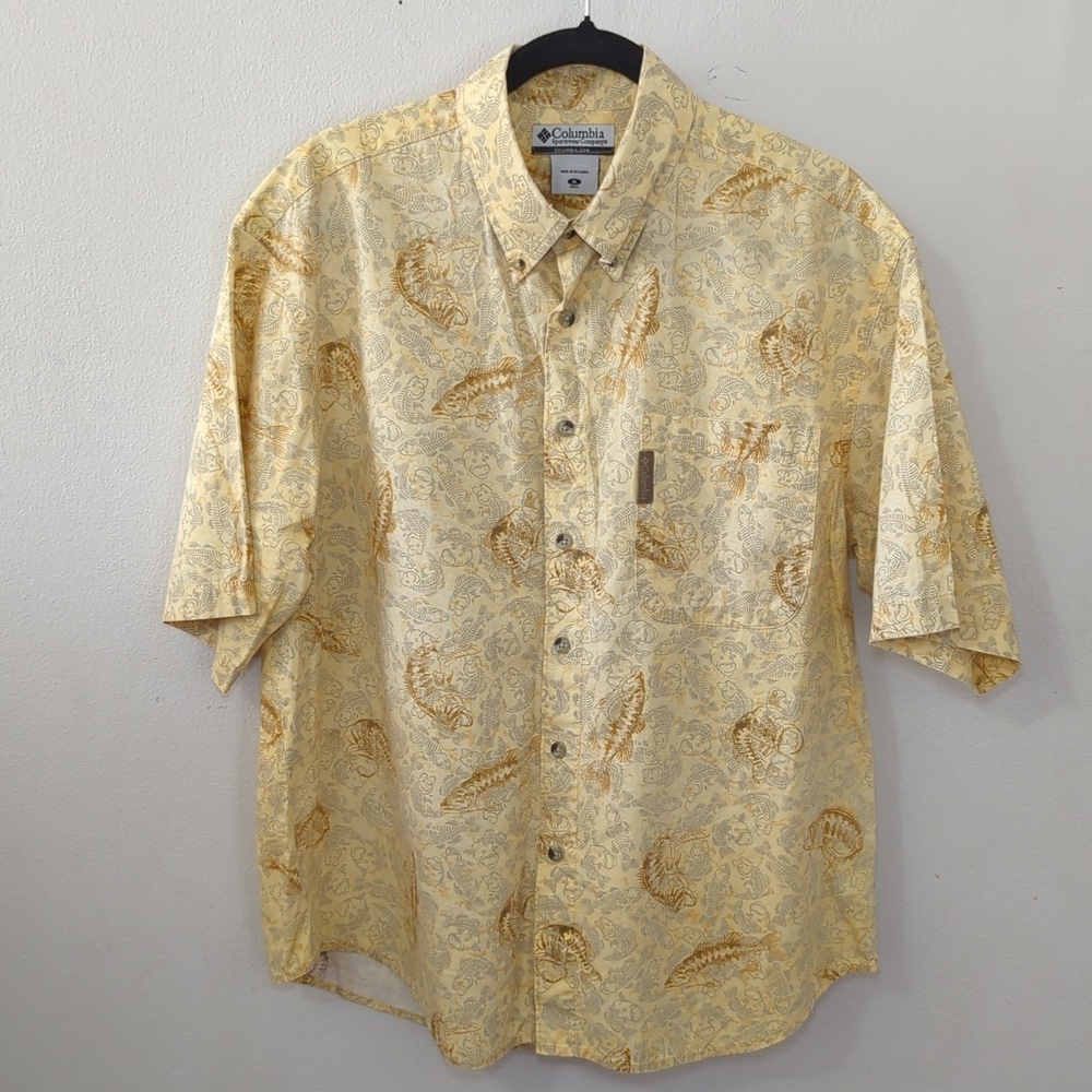 Columbia Button-Down Shirt Yellow Largemouth Bass Fishing 100% Cotton Men's M